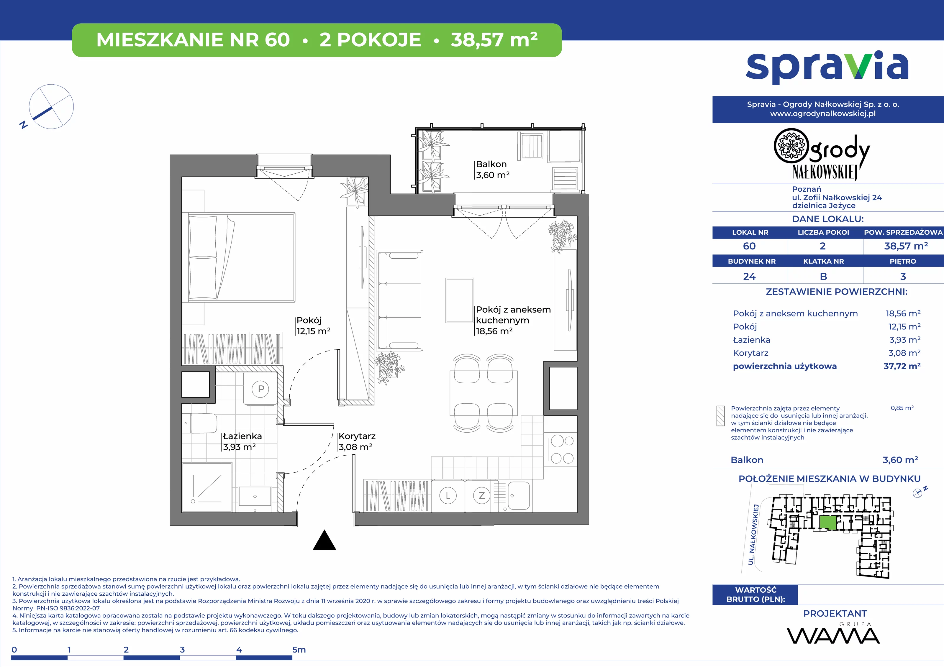 2 pokoje, mieszkanie 38,57 m², piętro 3, oferta nr 24-60, Ogrody Nałkowskiej, Poznań, Ogrody, ul. Nałkowskiej 24, 26